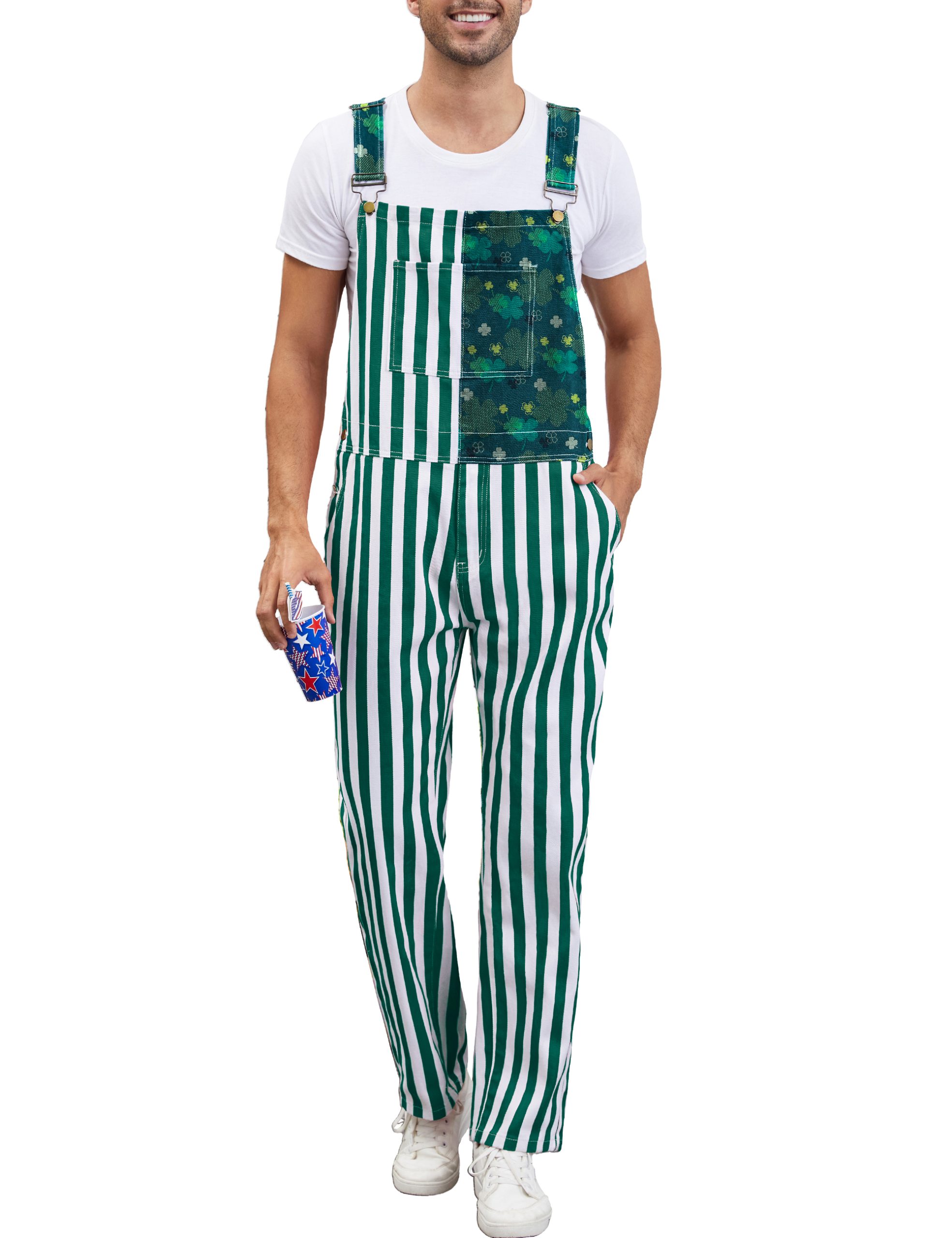 Bib Overalls for Men Striped Pants Adjustable Straps with Pockets