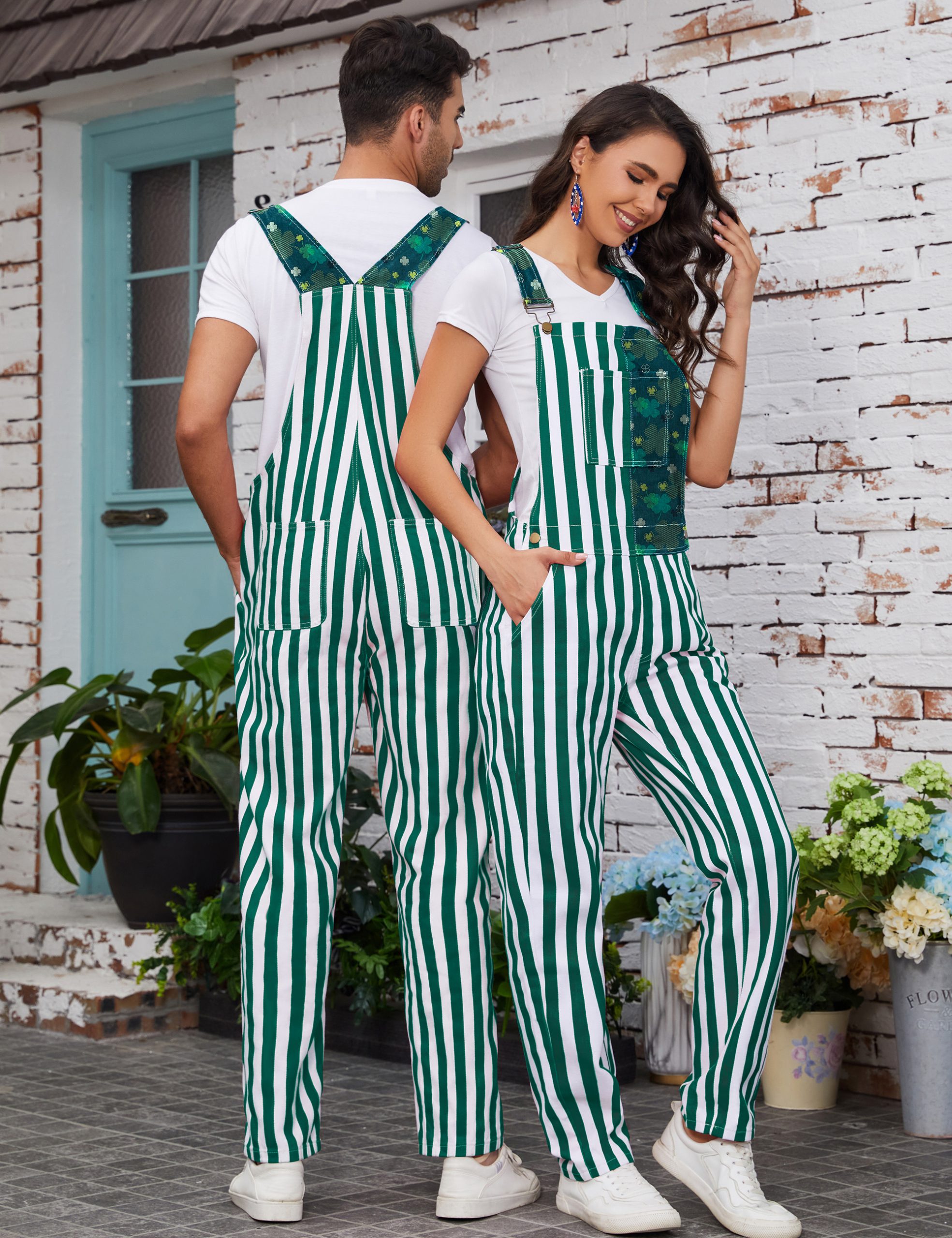 Bib Overalls for Men Striped Pants Adjustable Straps with Pockets - Image 2