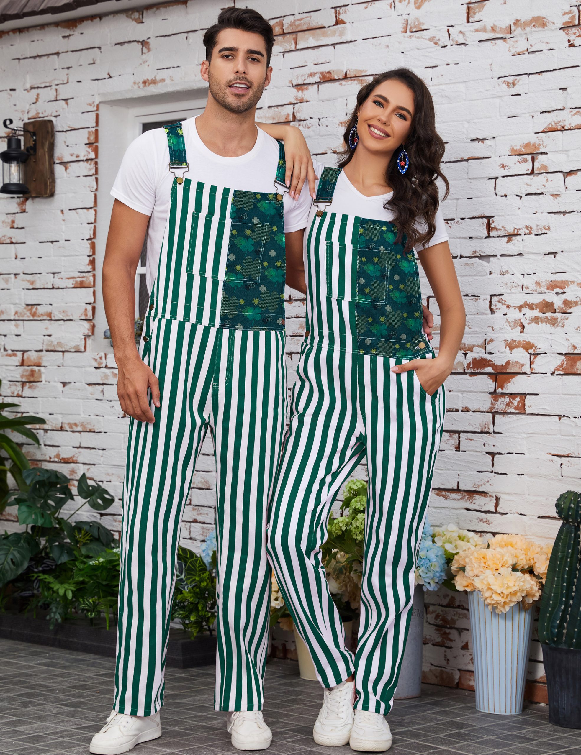Bib Overalls for Men Striped Pants Adjustable Straps with Pockets - Image 3
