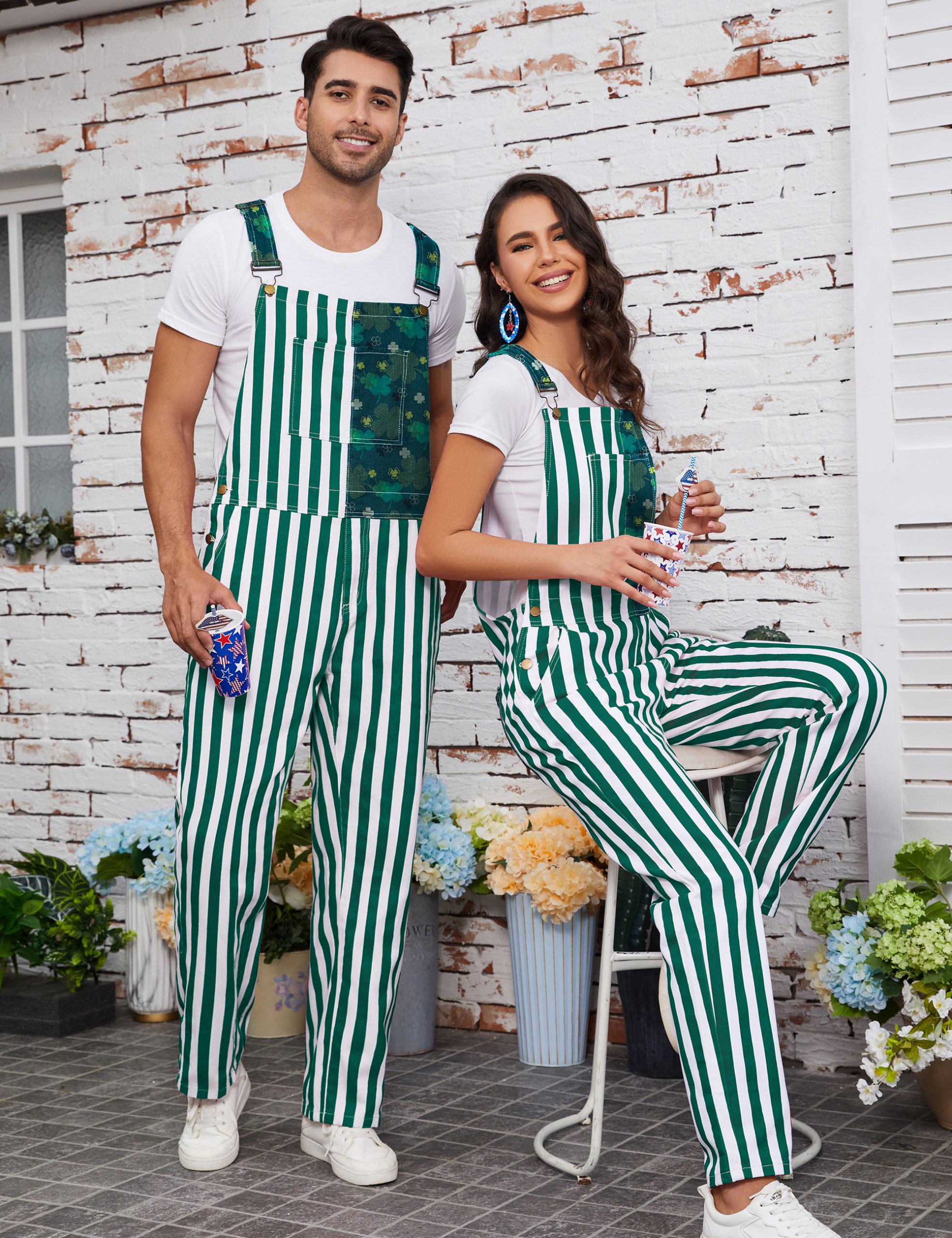 Bib Overalls for Men Striped Pants Adjustable Straps with Pockets - Image 6