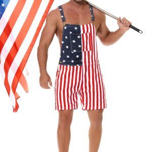 American Flag Overalls Denim Bib Jumpsuit Shorts Jean Romper for Men