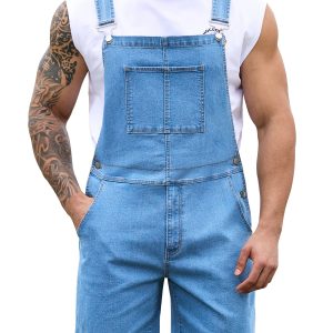 Denim Overalls for Men Jean Shorts Jumpsuit Work Bibs Coveralls with Zipper