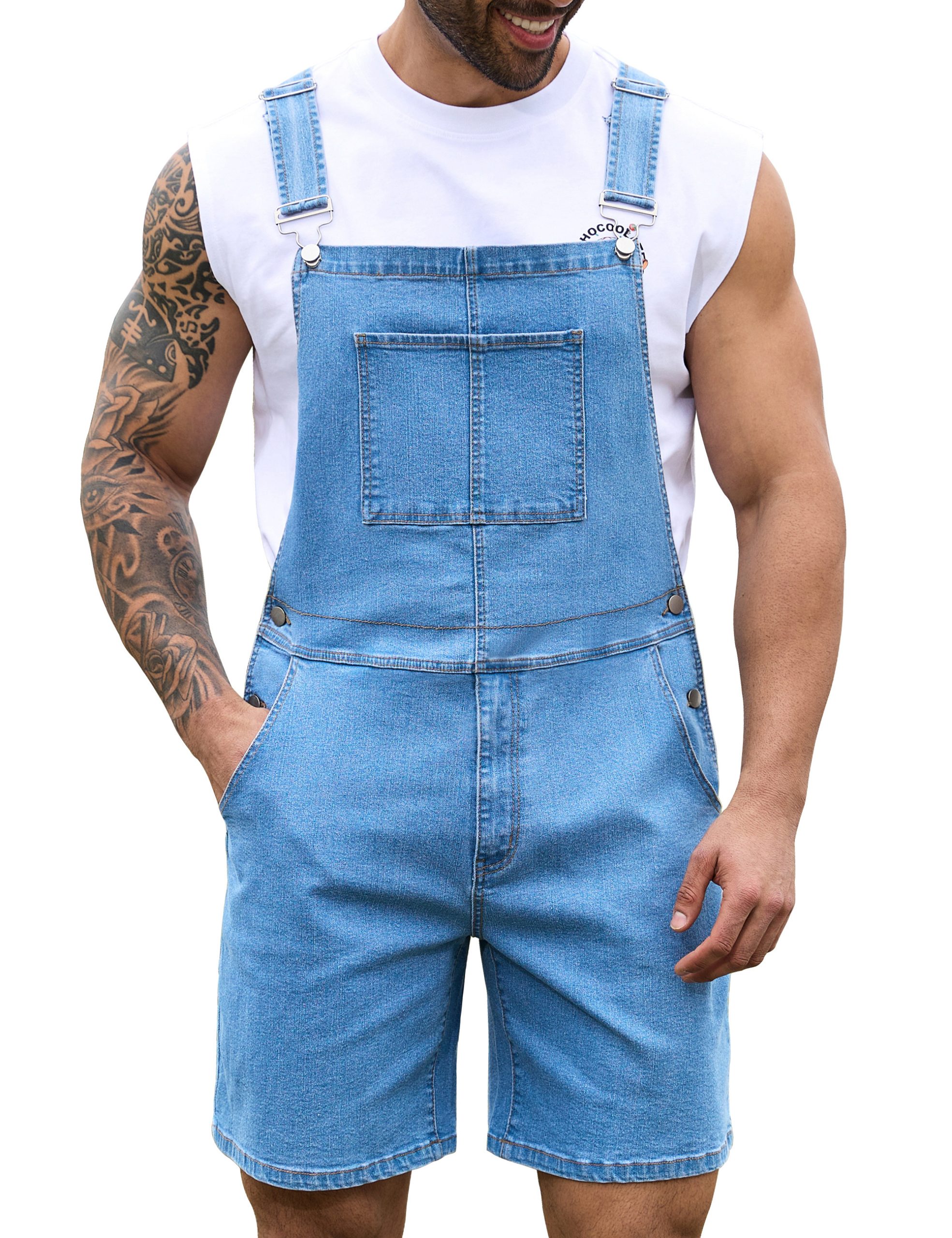 Denim Overalls for Men Jean Shorts Jumpsuit Work Bibs Coveralls with Zipper