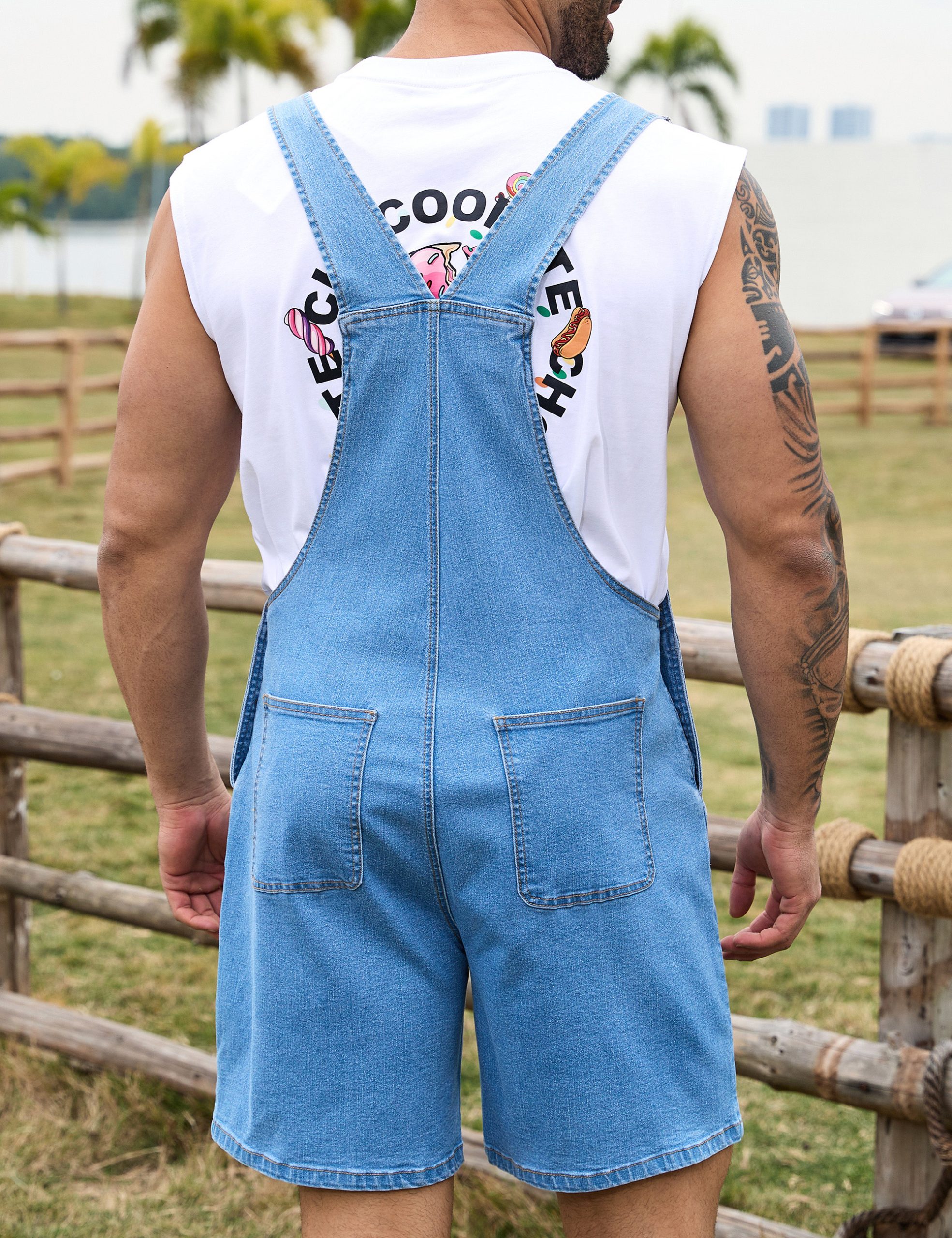 Denim Overalls for Men Jean Shorts Jumpsuit Work Bibs Coveralls with Zipper - Image 2