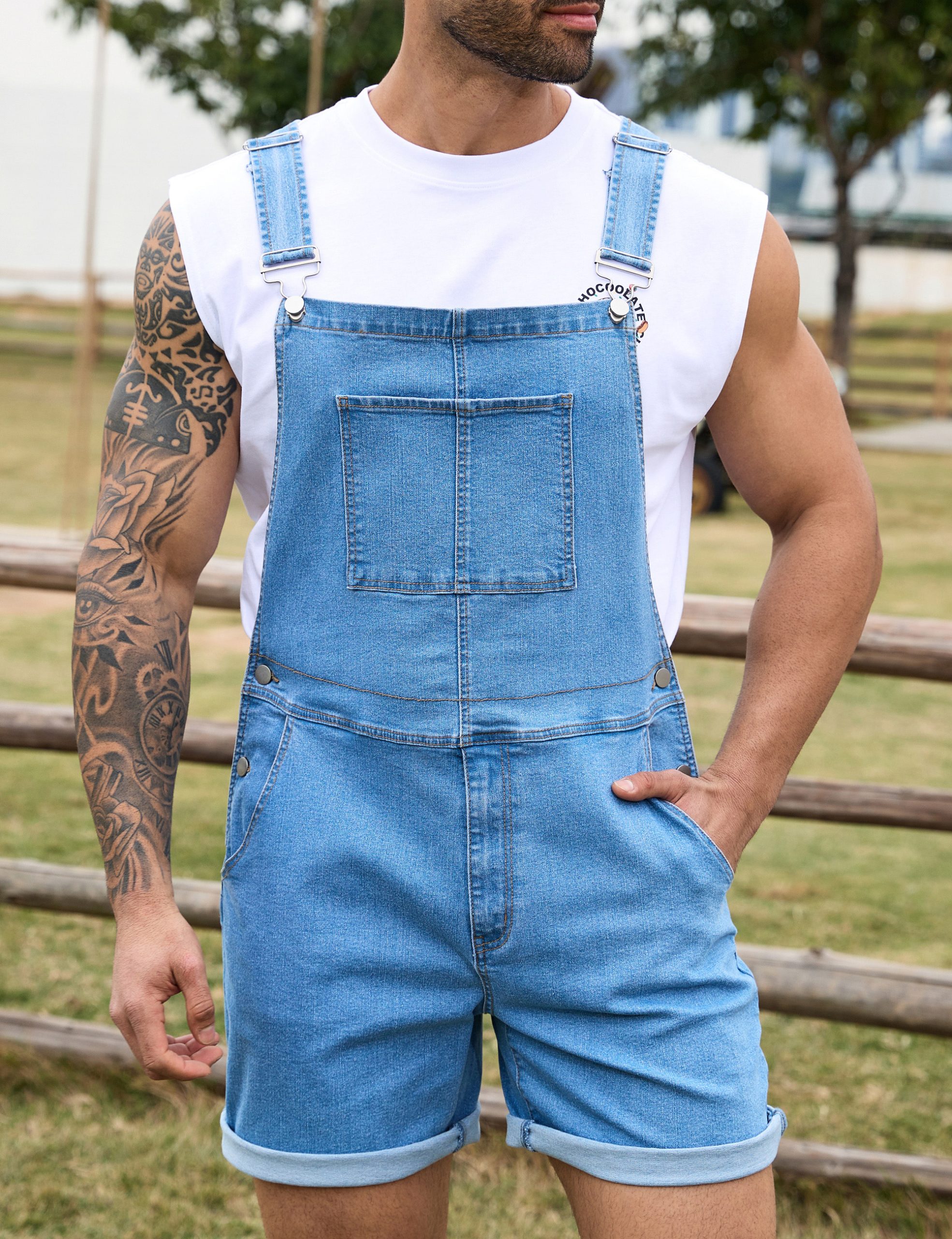 Denim Overalls for Men Jean Shorts Jumpsuit Work Bibs Coveralls with Zipper - Image 3