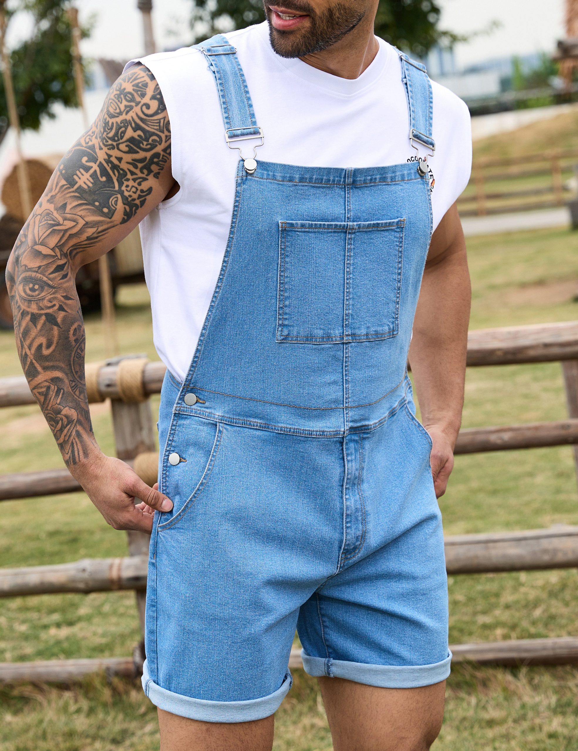 Denim Overalls for Men Jean Shorts Jumpsuit Work Bibs Coveralls with Zipper - Image 5