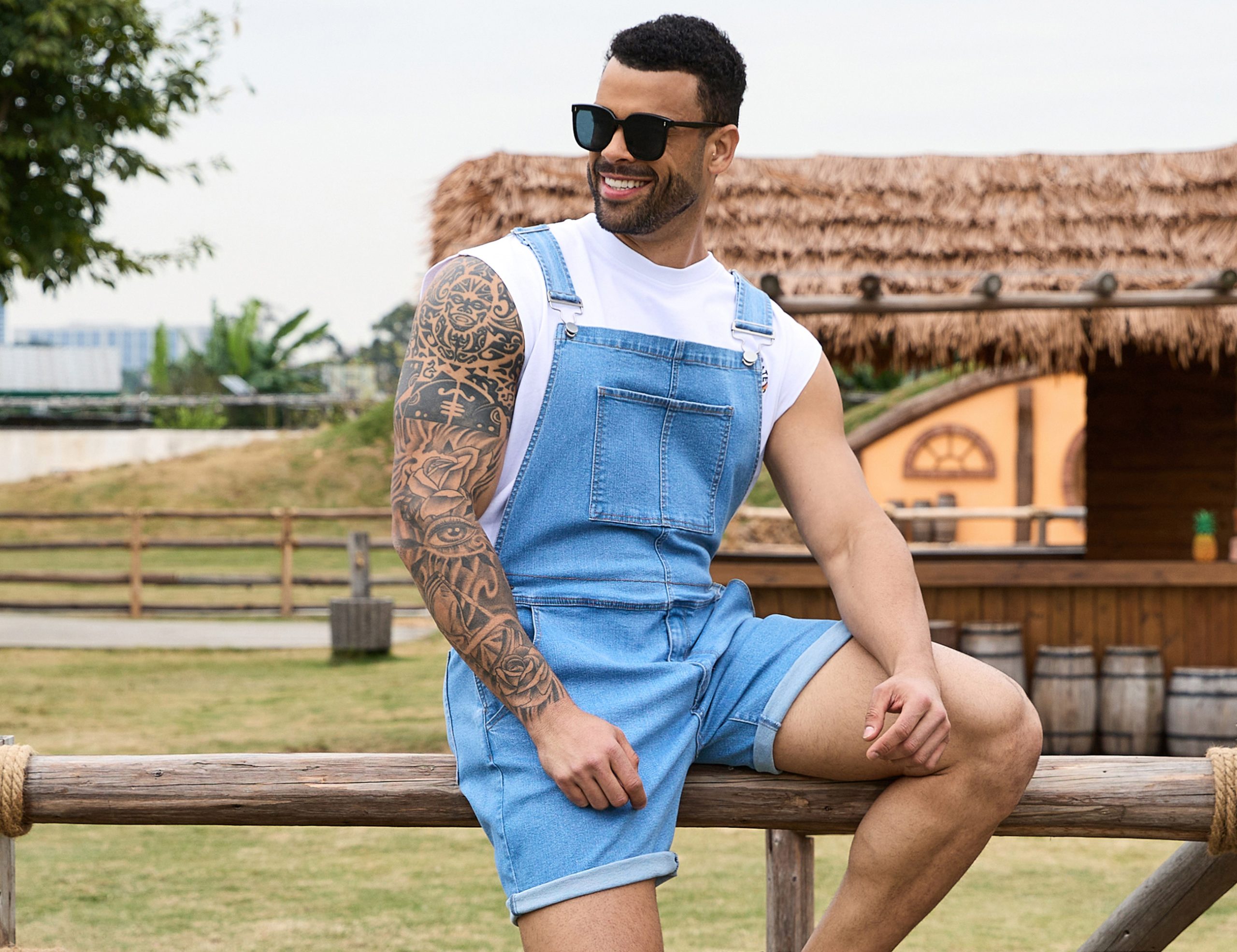 Denim Overalls for Men Jean Shorts Jumpsuit Work Bibs Coveralls with Zipper - Image 6