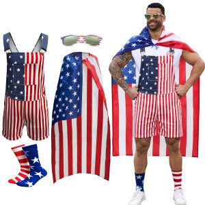 250th Anniversary American Flag Overalls Men,4th of July Cape,USA Sunglasses,Patriotic Socks,4 Pcs for Independence Labor Day