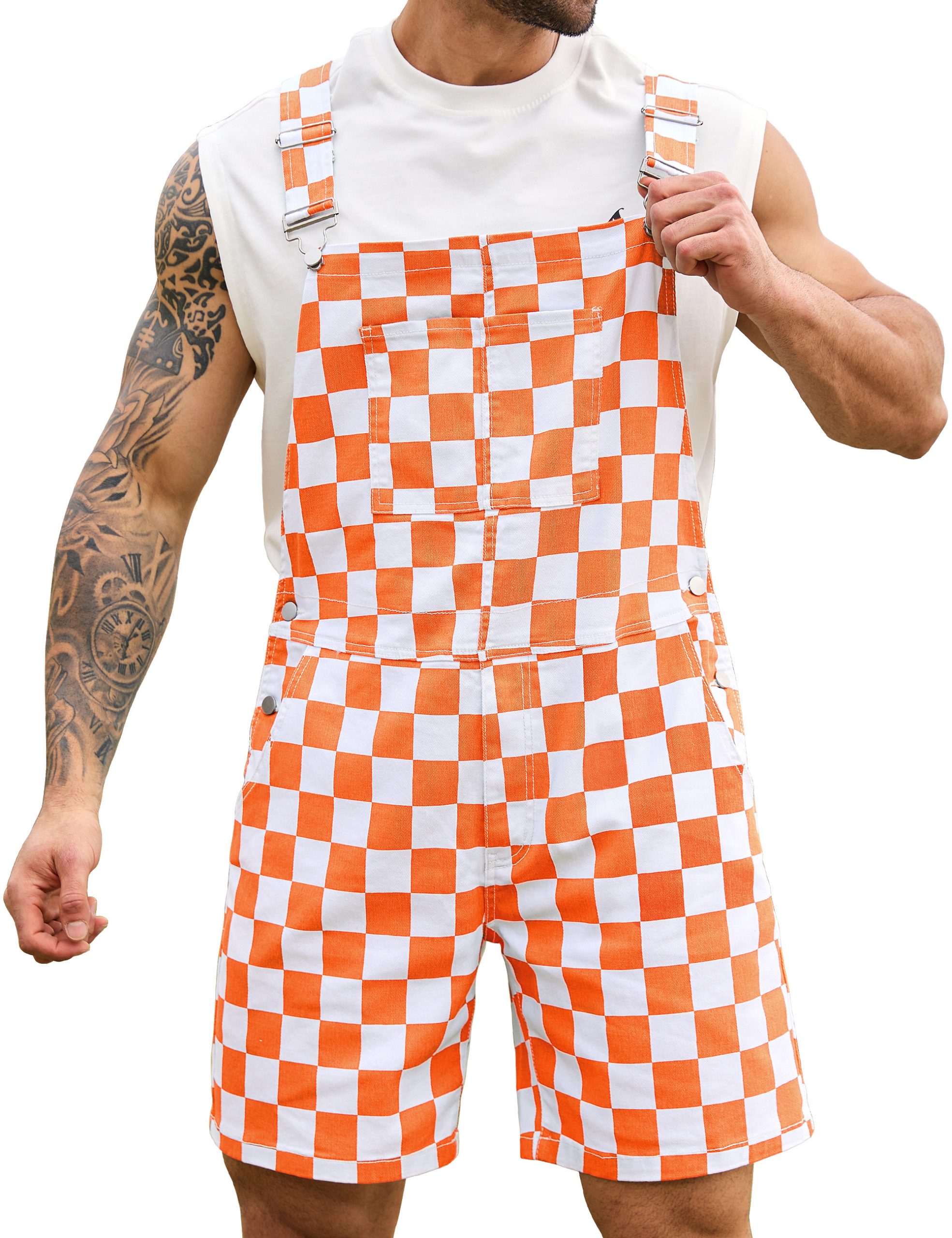 Shorts Overalls for Men Checkered Rompers Work Jumpsuits Stretchy Bibs Coveralls