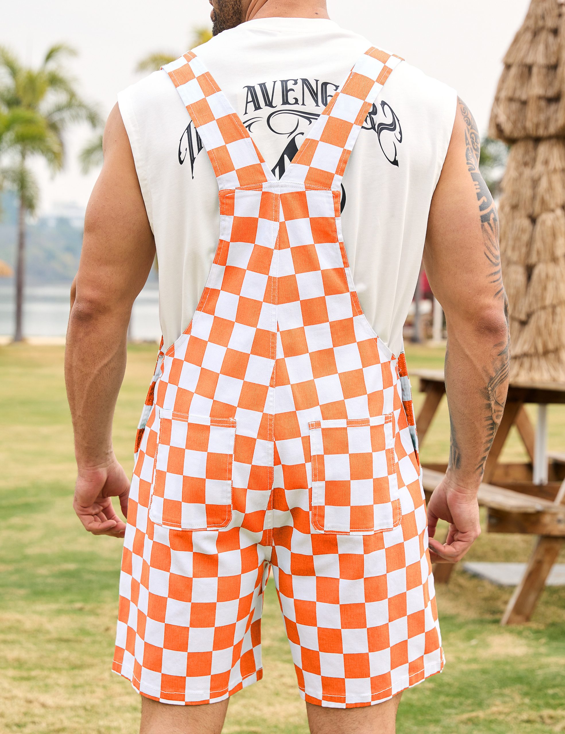 Shorts Overalls for Men Checkered Rompers Work Jumpsuits Stretchy Bibs Coveralls - Image 2