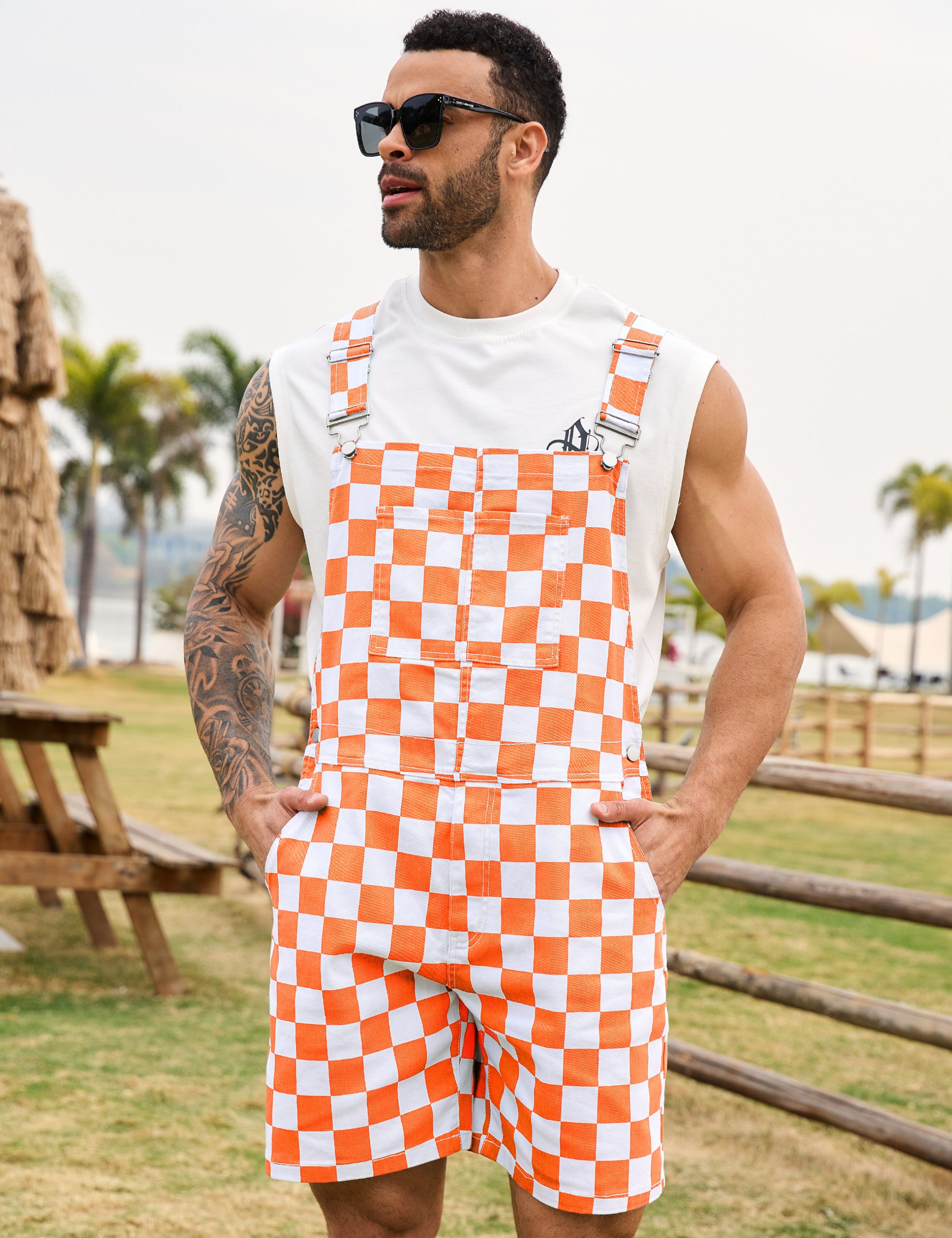 Shorts Overalls for Men Checkered Rompers Work Jumpsuits Stretchy Bibs Coveralls - Image 5