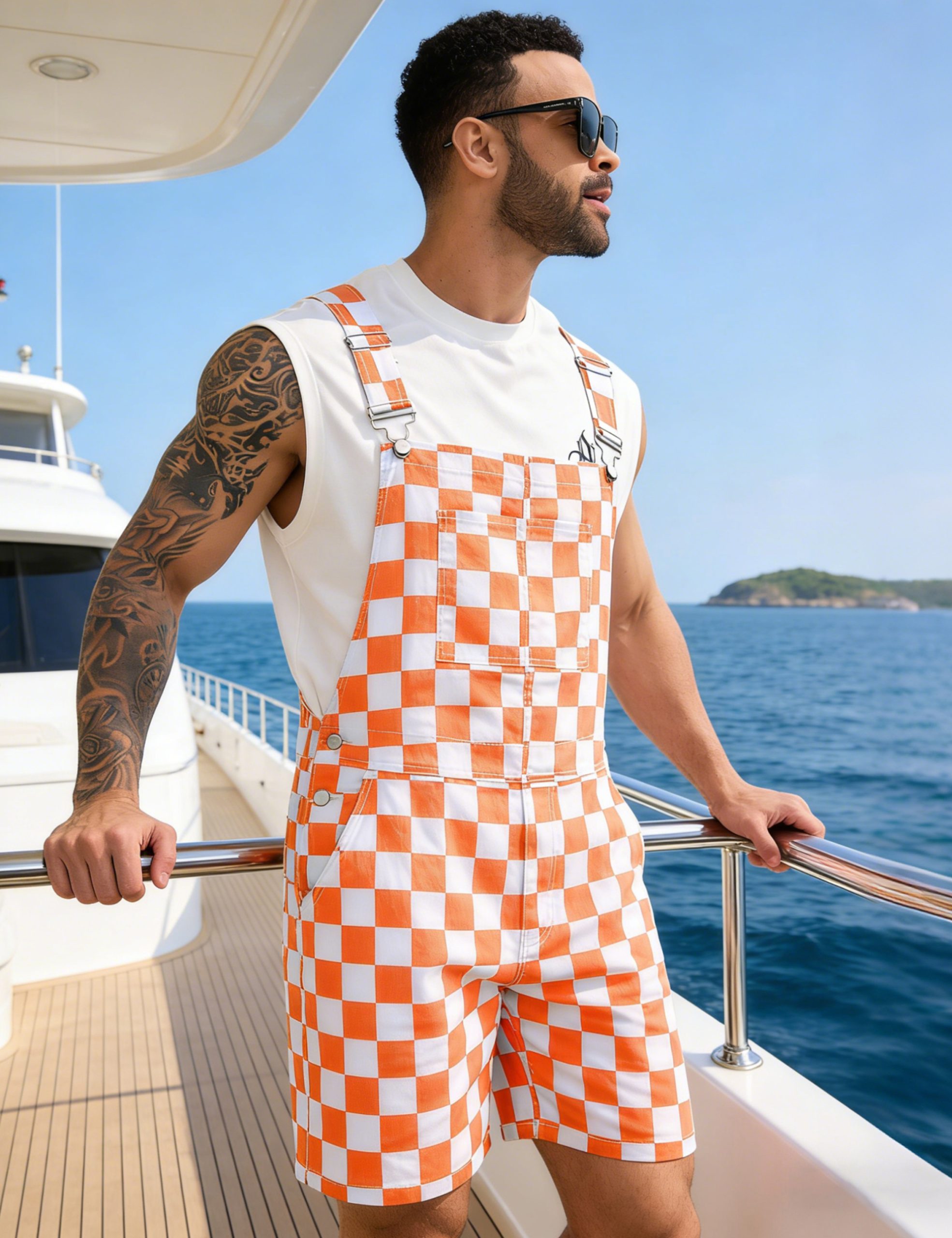 Shorts Overalls for Men Checkered Rompers Work Jumpsuits Stretchy Bibs Coveralls - Image 4