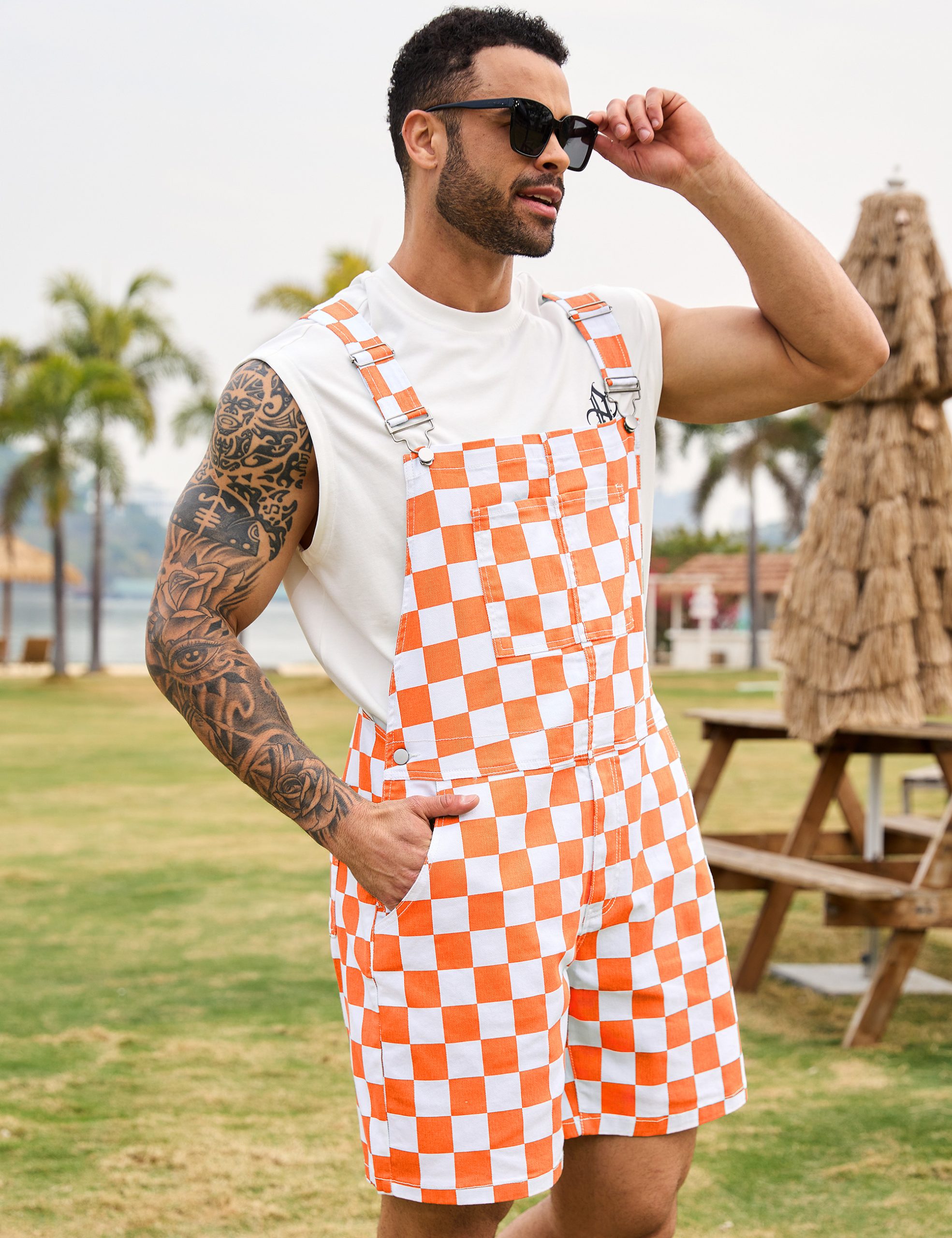 Shorts Overalls for Men Checkered Rompers Work Jumpsuits Stretchy Bibs Coveralls - Image 6