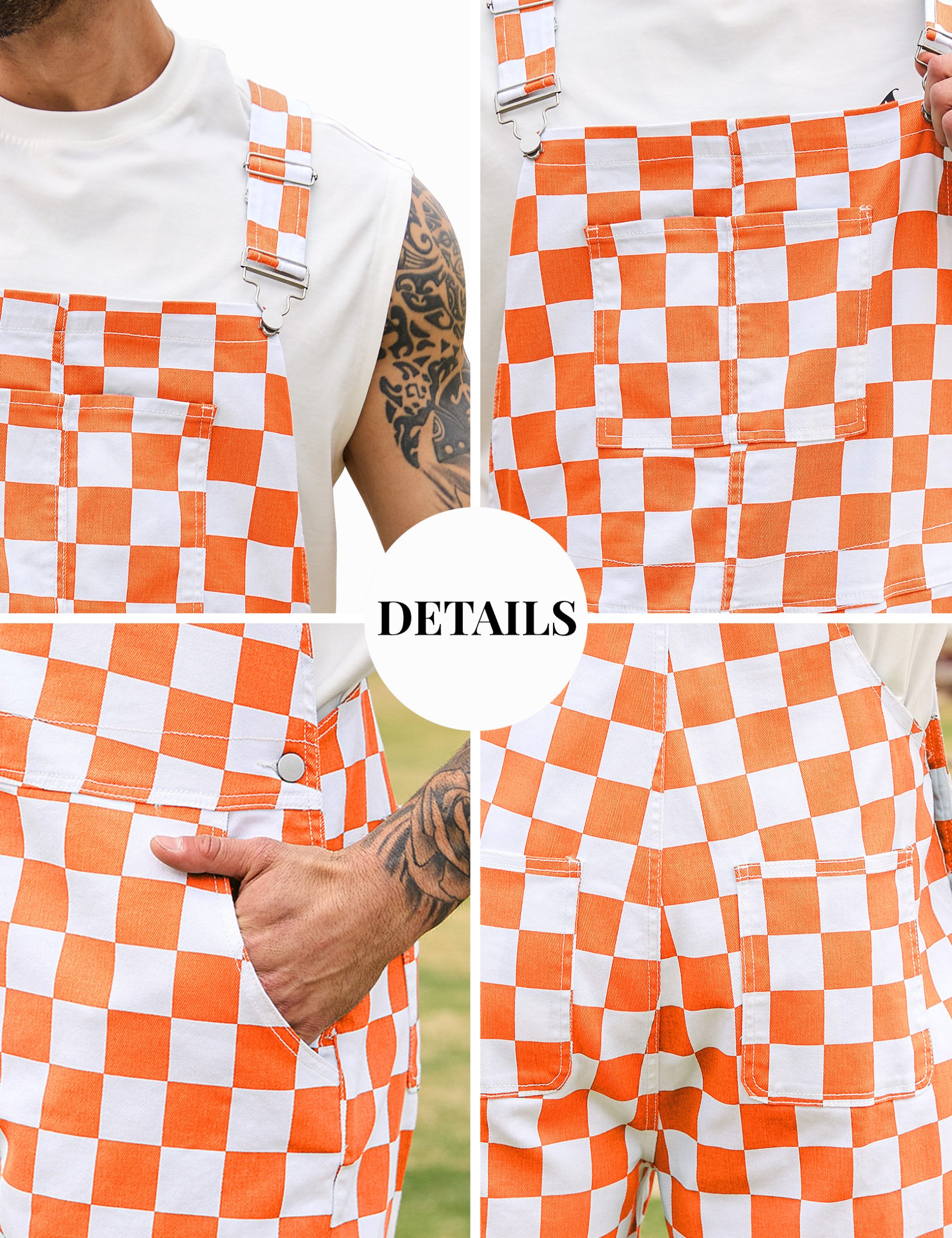 Shorts Overalls for Men Checkered Rompers Work Jumpsuits Stretchy Bibs Coveralls - Image 9